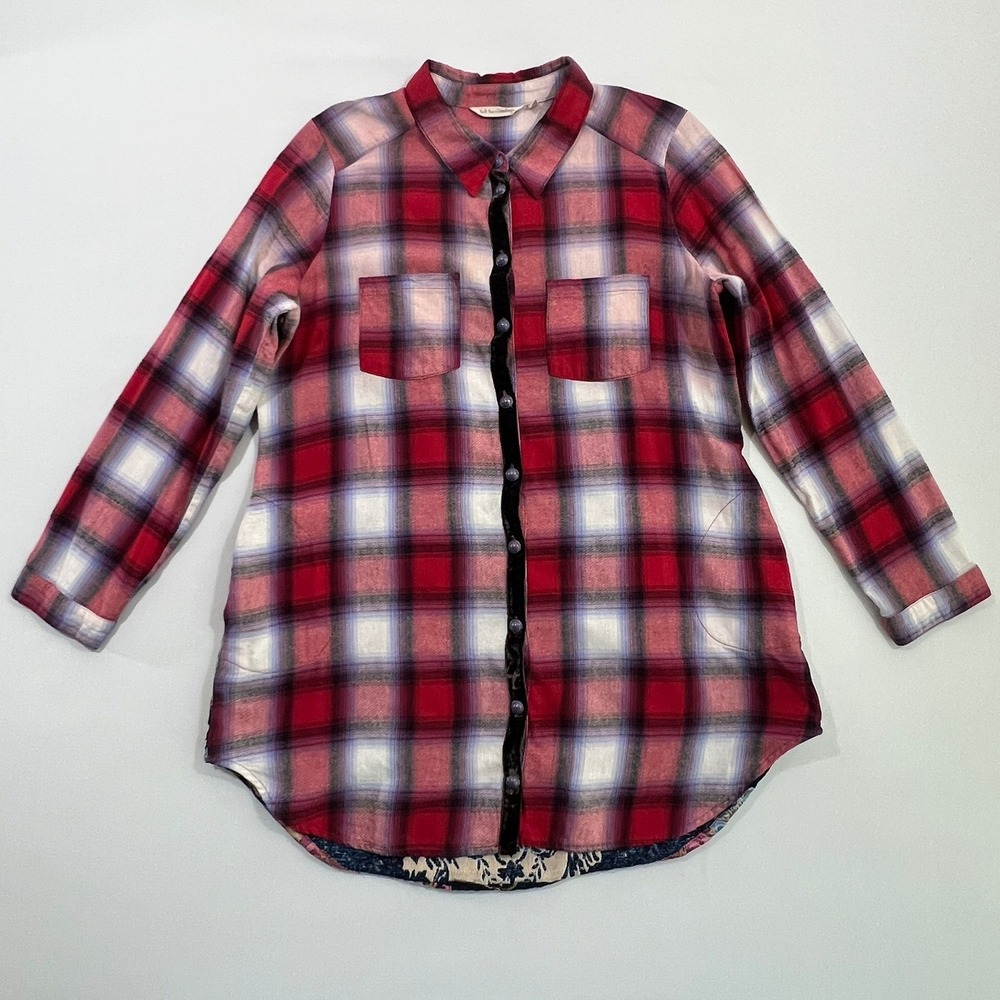 Soft Surroundings Flannel Tapestry Floral Back Tunic Shirt XL Boho Mixed Media - Picture 2 of 13